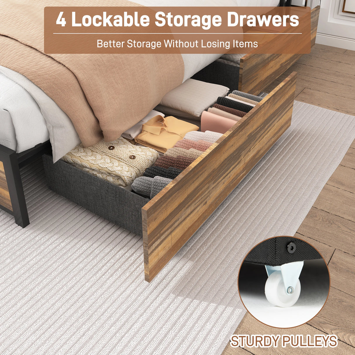 Queen LED Platform Bed Frame With Storage Drawers and USB Charging