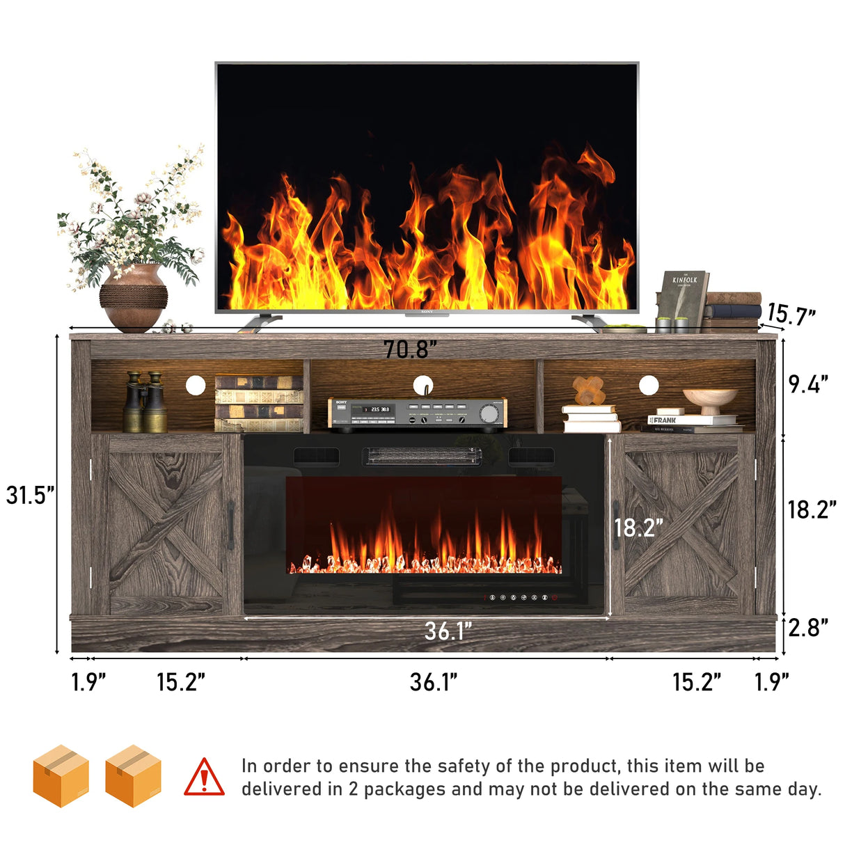 Farmhouse Rustic Fireplace TV Stand With LED Light