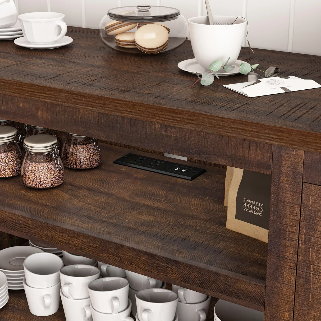 66-Inch Farmhouse Wooden TV Stand With Power Outlets