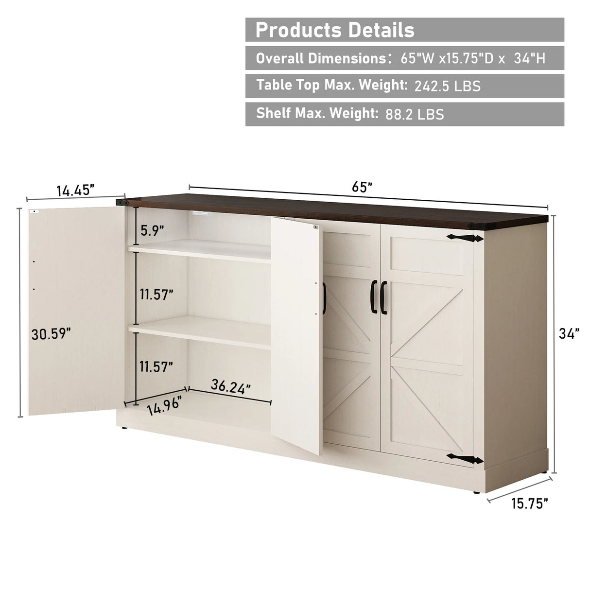 Farmhouse 65-Inch Wood Adjustable Shelf Sideboard Cabinet