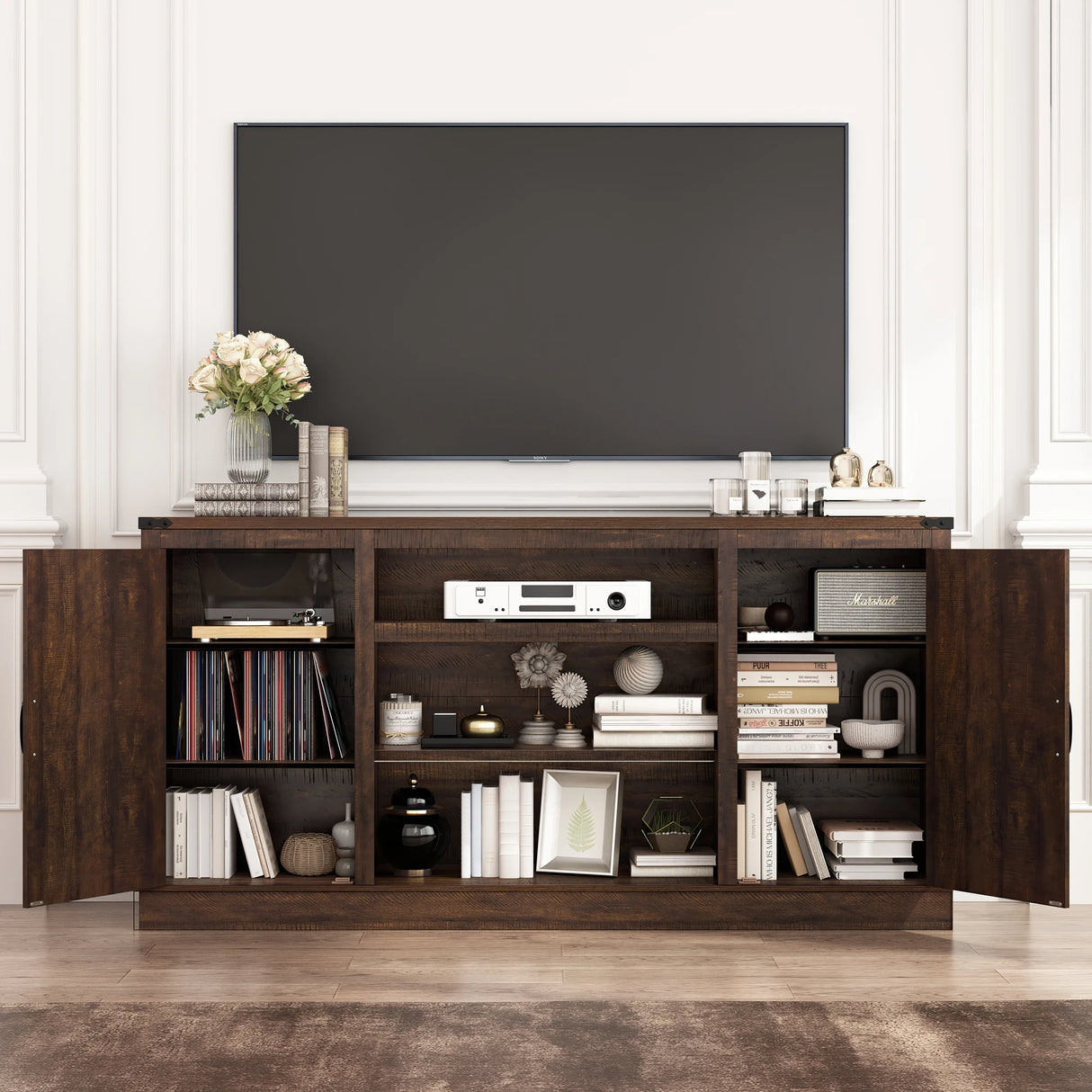 66-Inch Farmhouse Wooden TV Stand With Power Outlets
