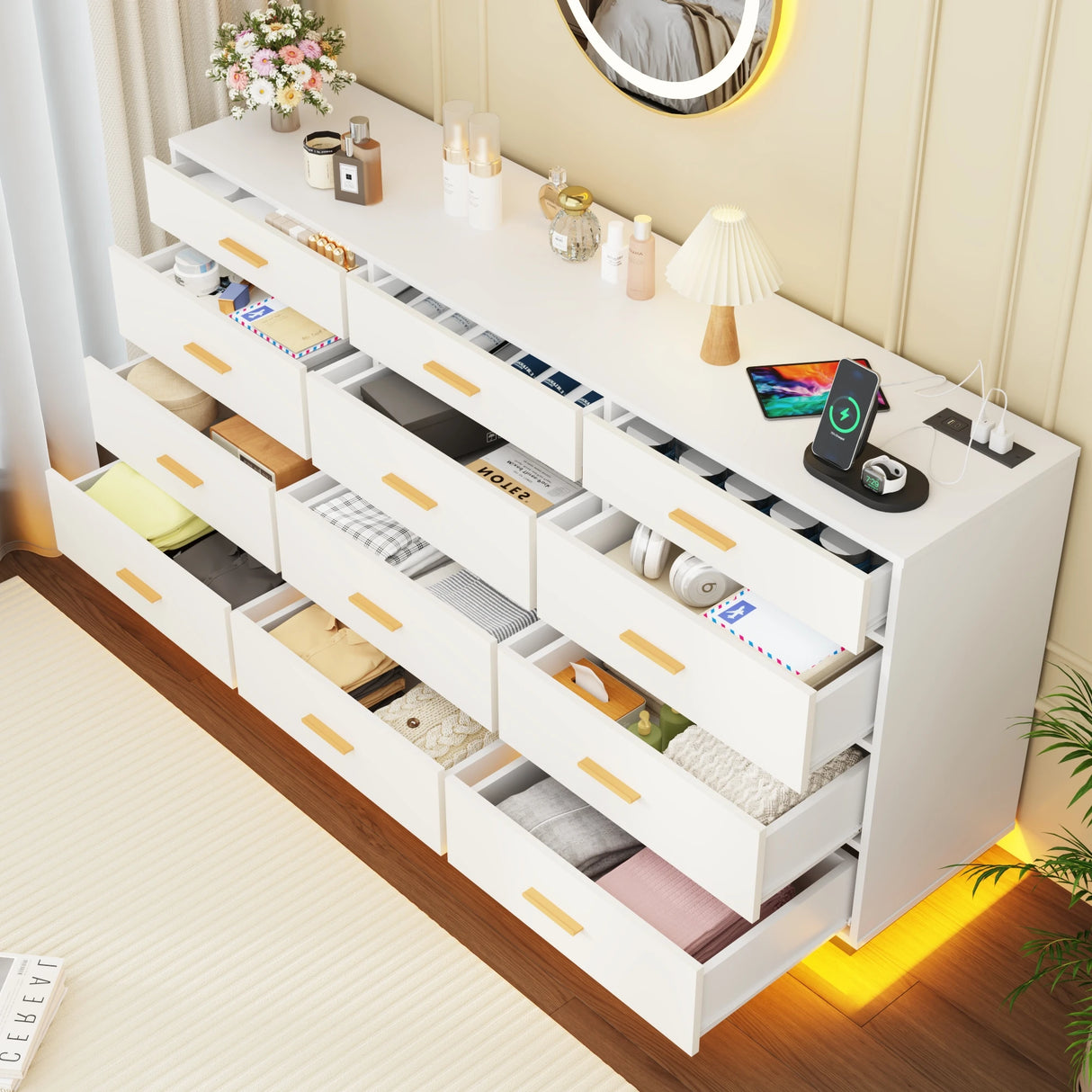 Modern 12-Drawer Dresser With Built-In Charging Station