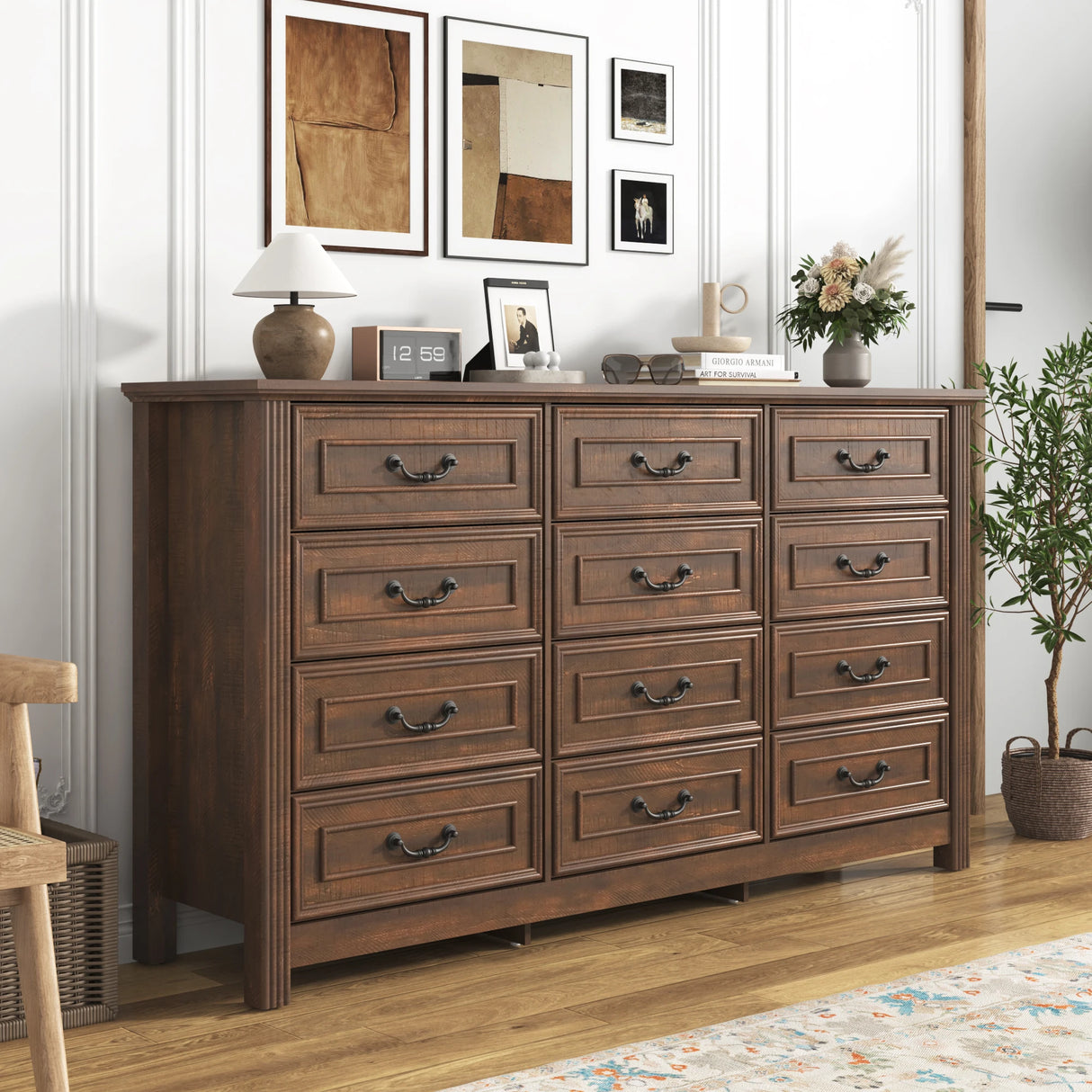 Rustic Wooden 12-Drawer Large Bedroom Dresser Chest