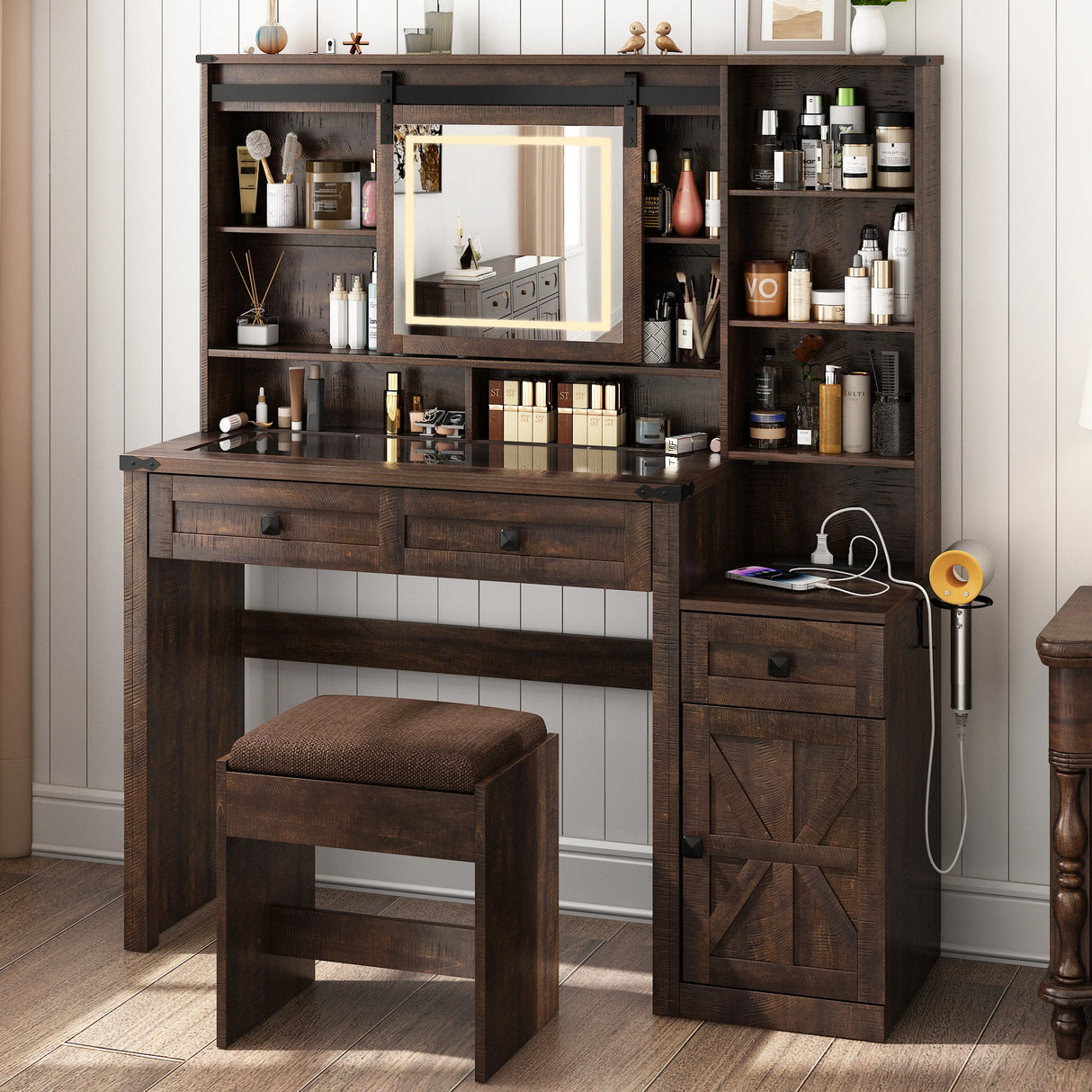 Farmhouse Makeup Vanity Desk With Mirror Lights Stool