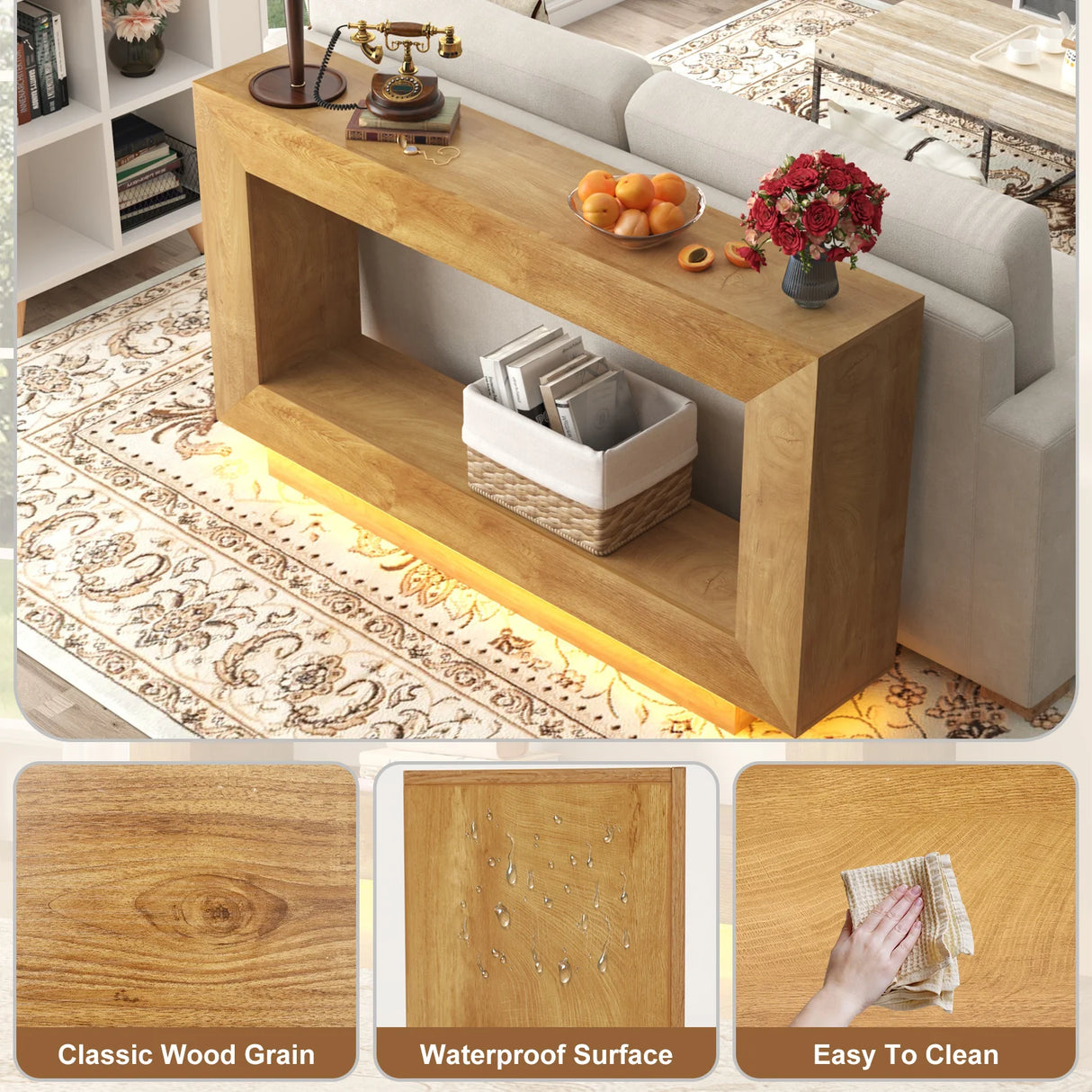 Wooden Farmhouse Console Table With 6000-Color Lighting