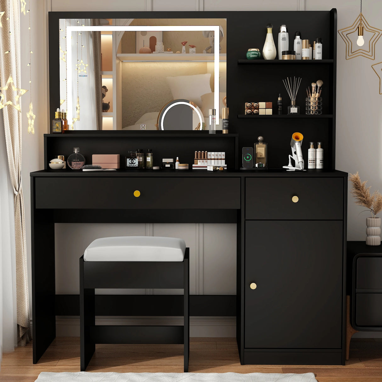 Modern Wooden Vanity Desk With Mirror Lights Charging Station