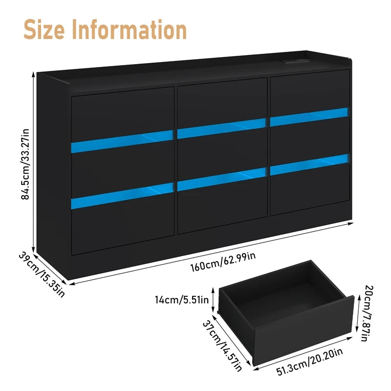 9-Drawer Wooden Dresser With LED Lights And Charging Station