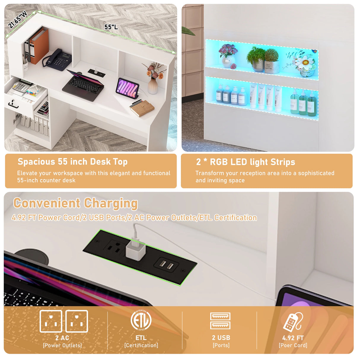 Modern LED Reception Desk With Storage Cabinets and Power Outlets