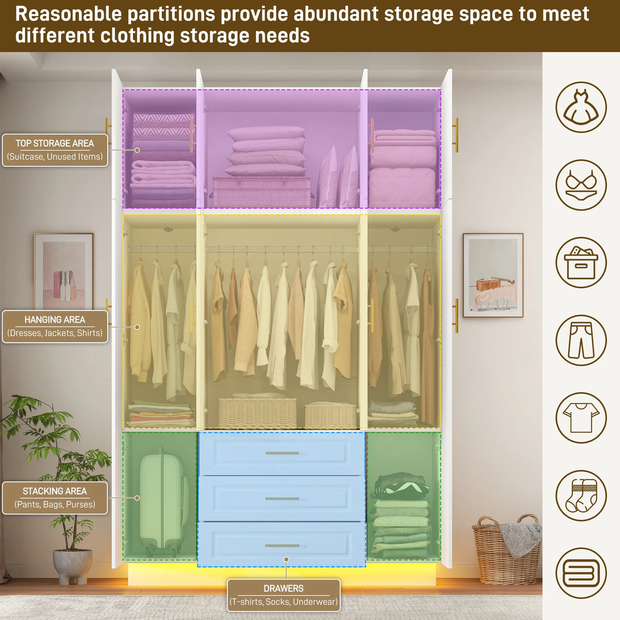 Modern Minimalist 4-Door LED Armoire Wardrobe Closet
