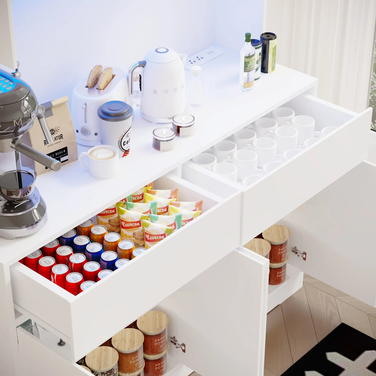 American Country Antique Wood Pantry Cabinet With LED Lights