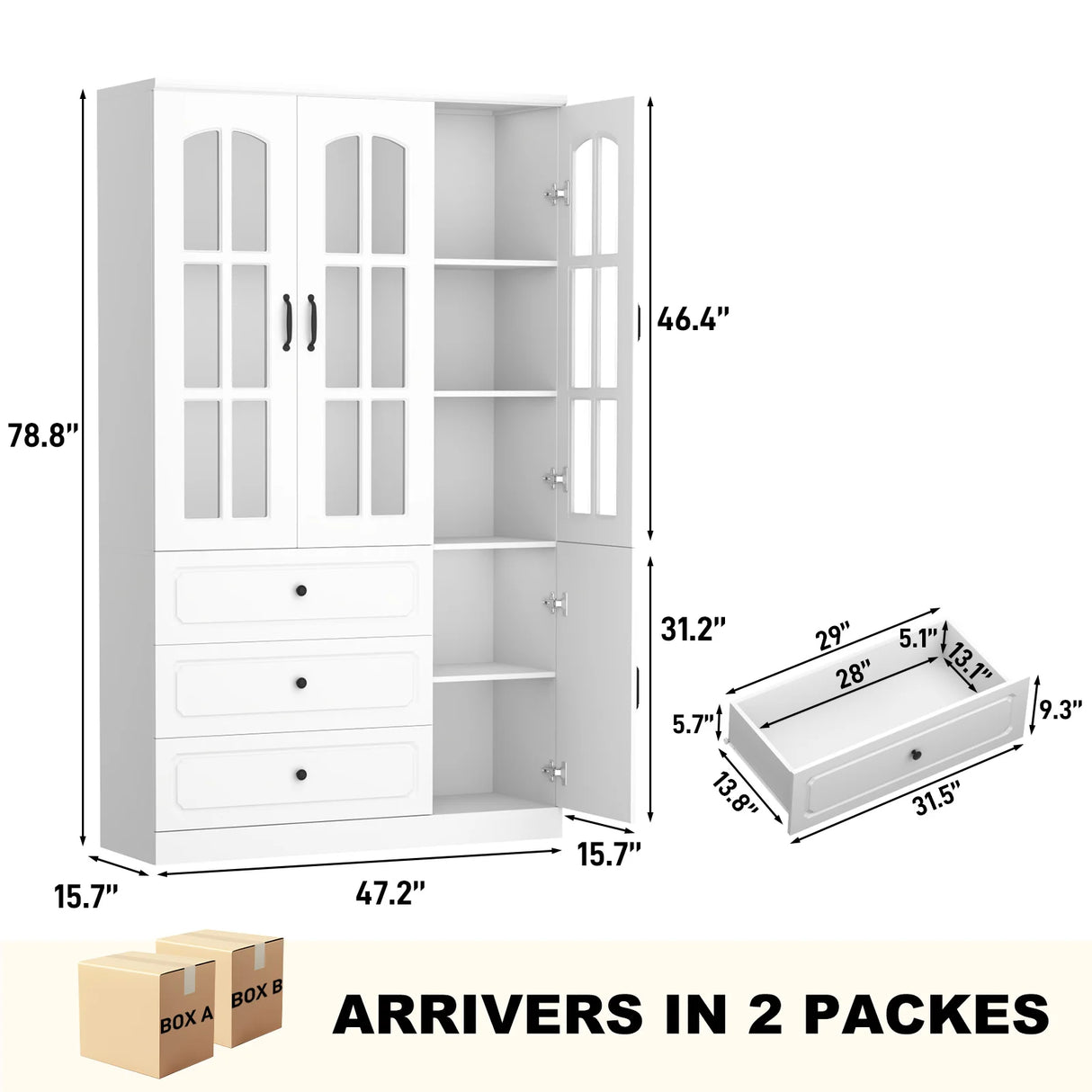 Modern 78-Inch White Glass Door Living Room Cabinet