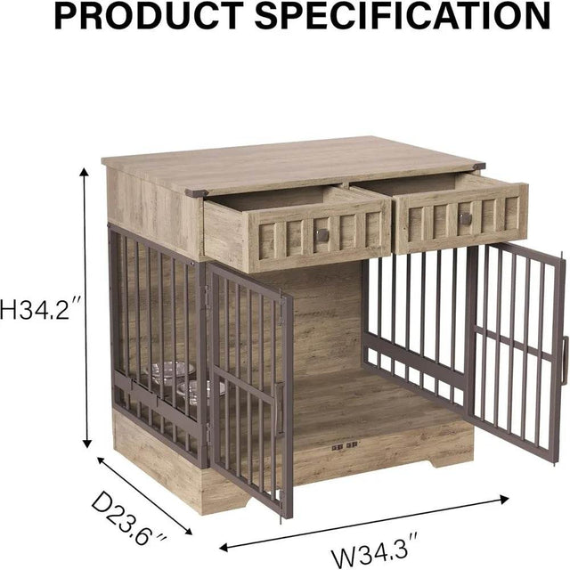 Indoor Wooden Dog Crate Furniture With Adjustable Feeder - Omega Lifestyles