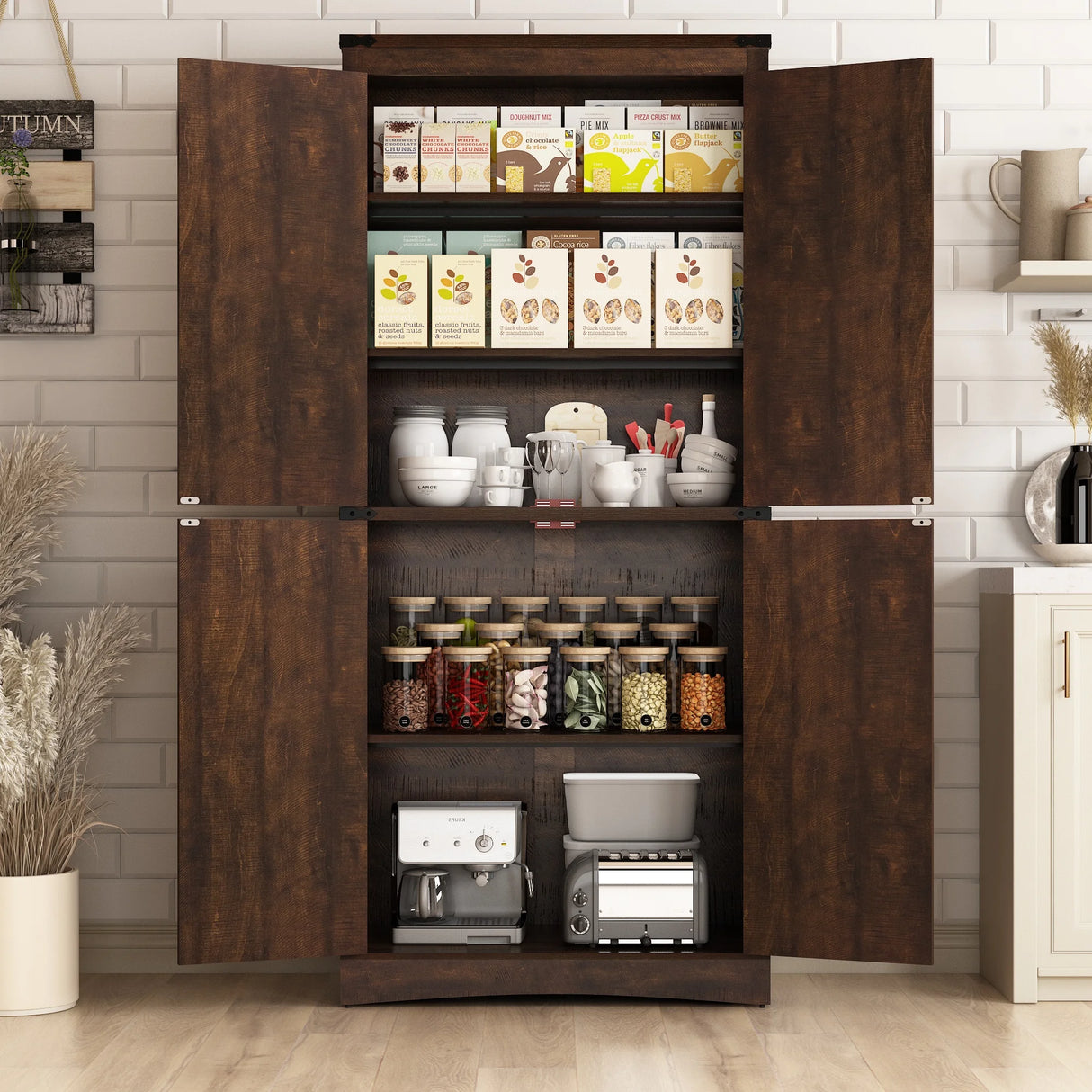 71-Inch Farmhouse Adjustable Shelves Storage Cabinet