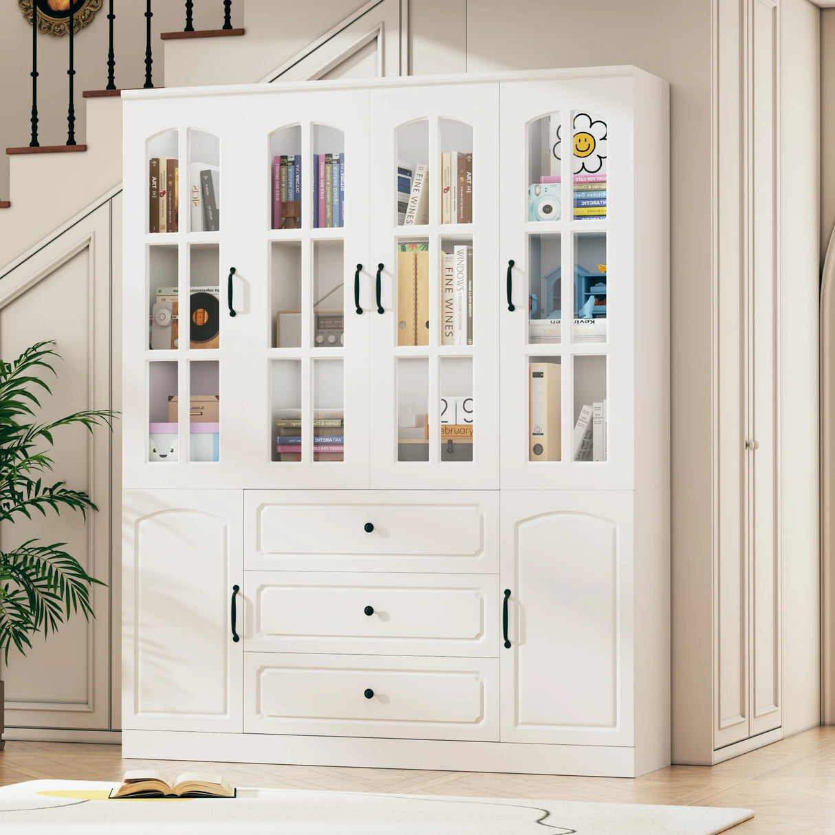 Modern 78-Inch White Glass Door Living Room Cabinet