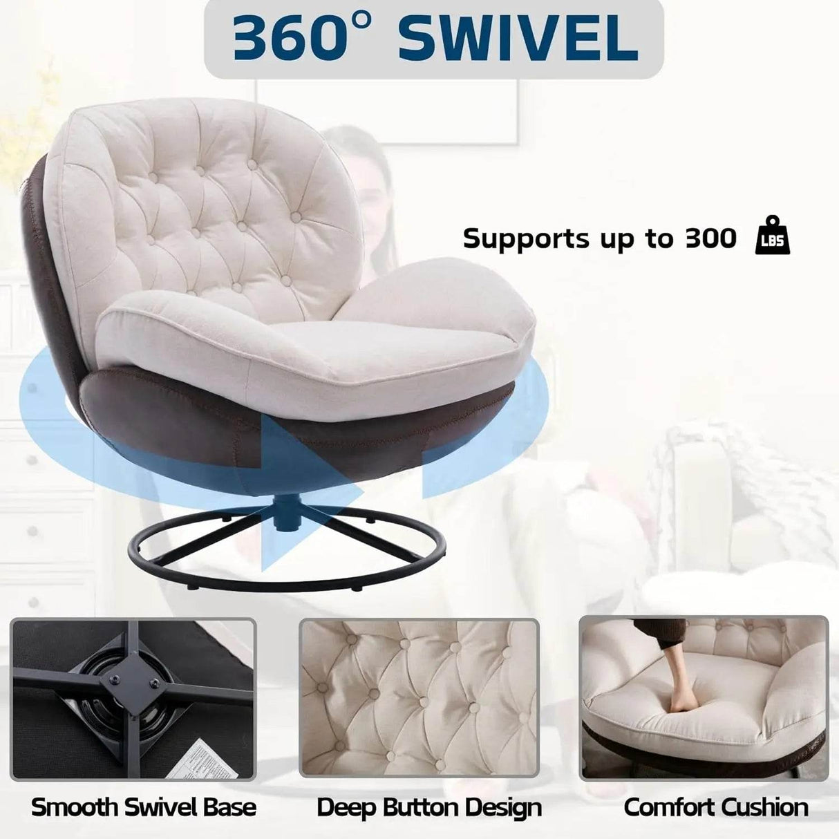 Cream Linen Mid Century Swivel Accent Chair - Omega Lifestyles