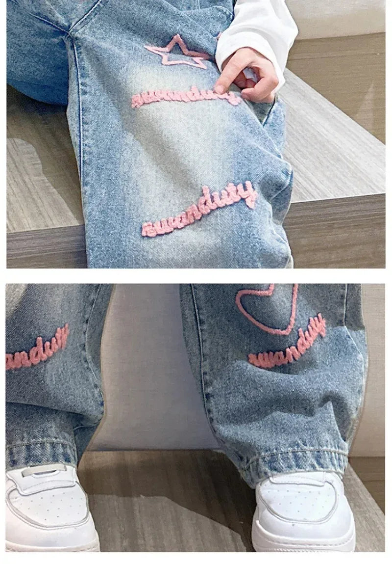 Girls Casual Loose Fit Wide Leg Patterned Jeans - Omega Lifestyles