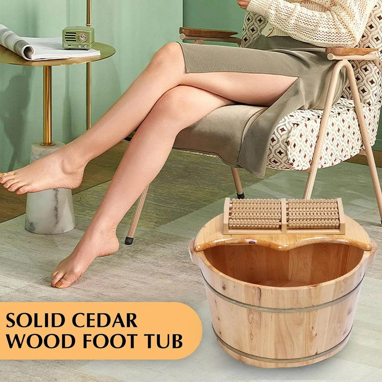 Cedar Wood Foot Bath Bucket With Massage Roller