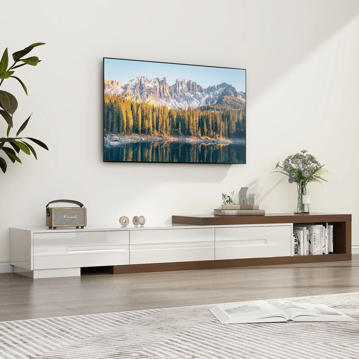 Extendable Reversible Engineered Wood TV Stand With Drawers