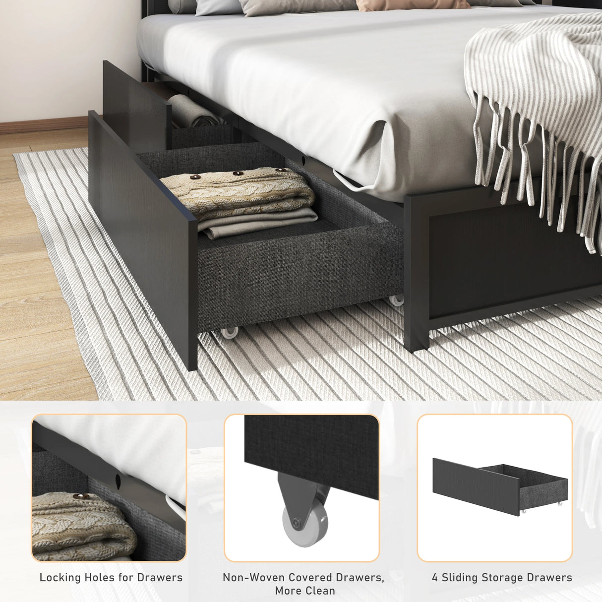 King Size Industrial LED Light Storage Platform Bed Frame