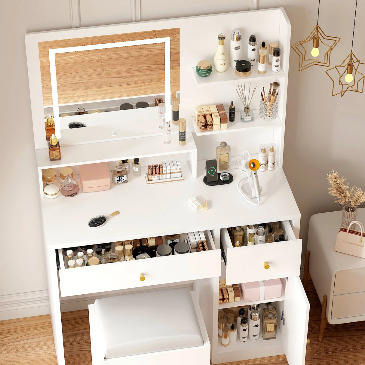 Modern Wooden Vanity Desk With Mirror Lights Charging Station
