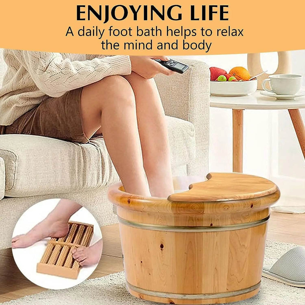 Cedar Wood Foot Bath Bucket With Massage Roller