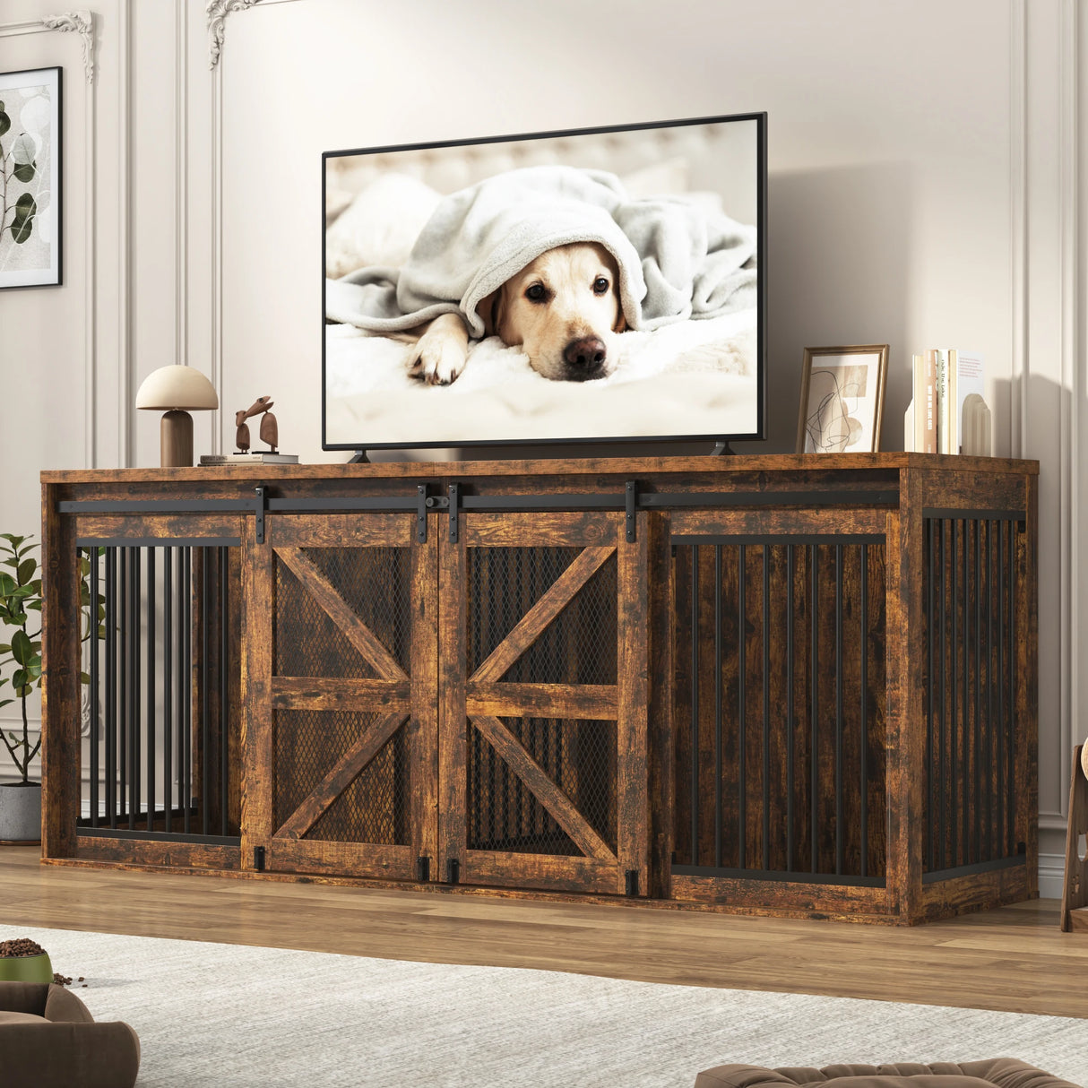 Farmhouse Wooden Large Dog Crate TV Stand Furniture
