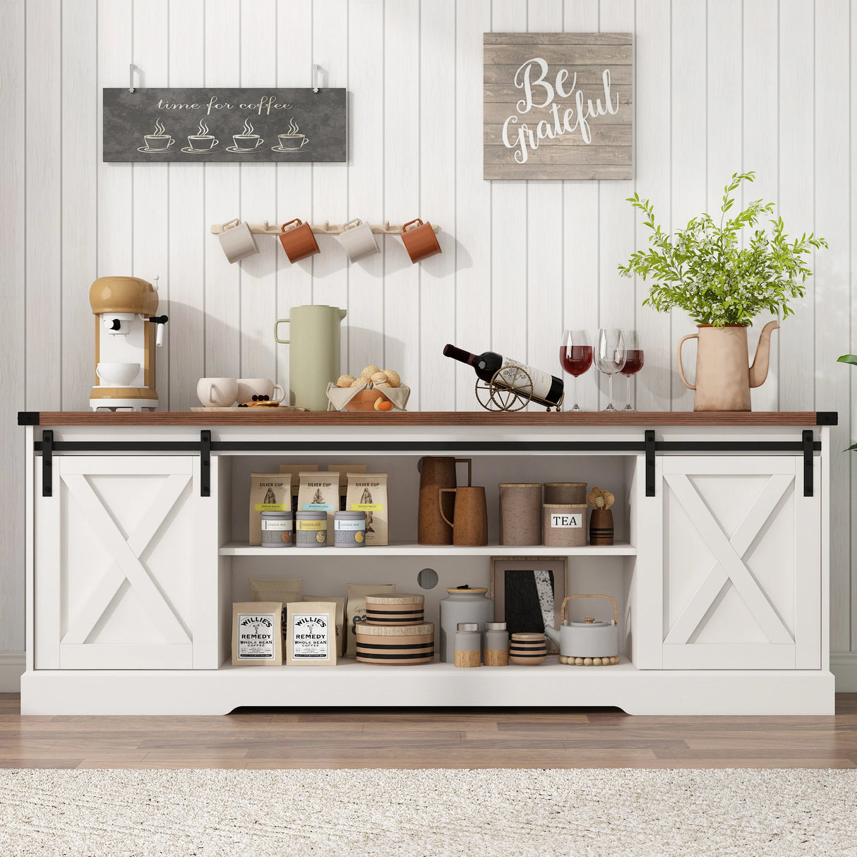 Farmhouse Wooden Sliding Barn Door Coffee Bar Cabinet