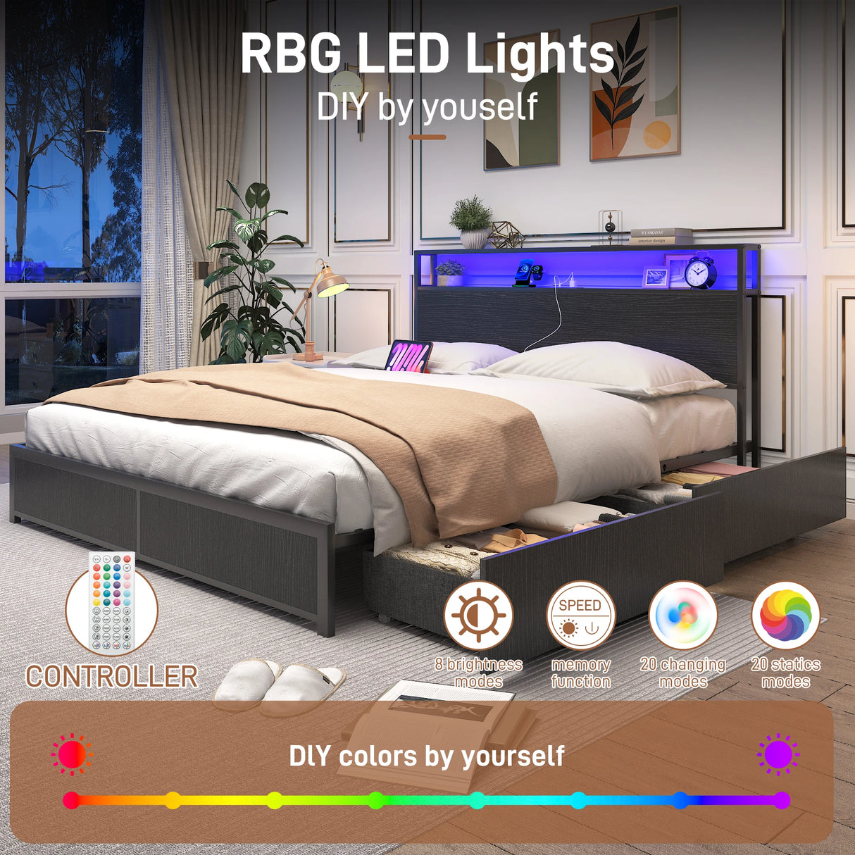 Queen LED Platform Bed Frame With Storage Drawers and USB Charging