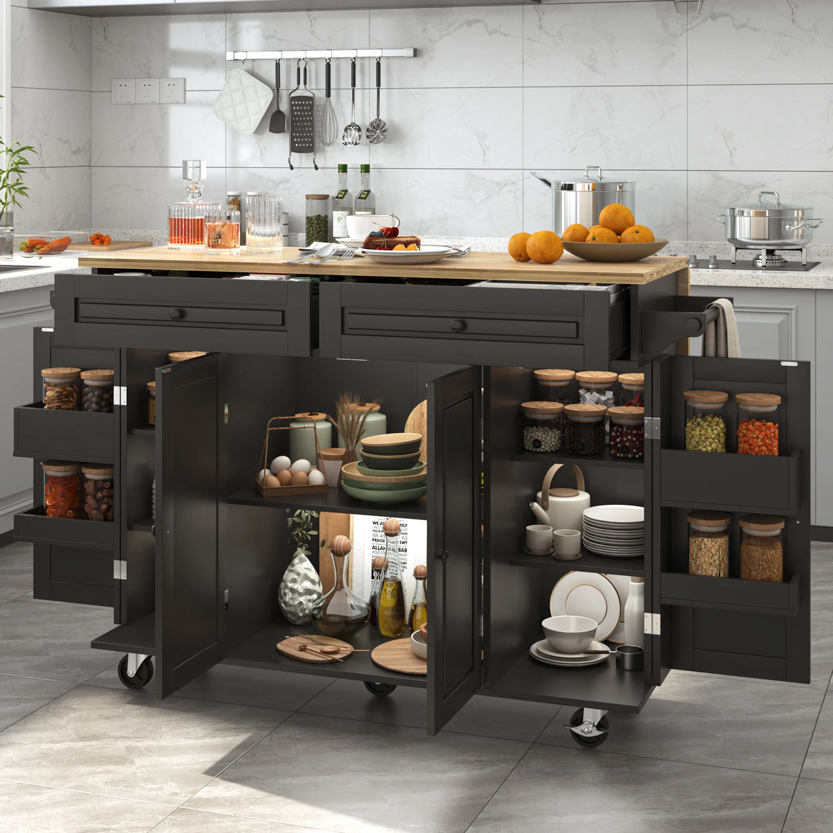 Spacious Rolling Kitchen Island Cart With Storage Cabinet