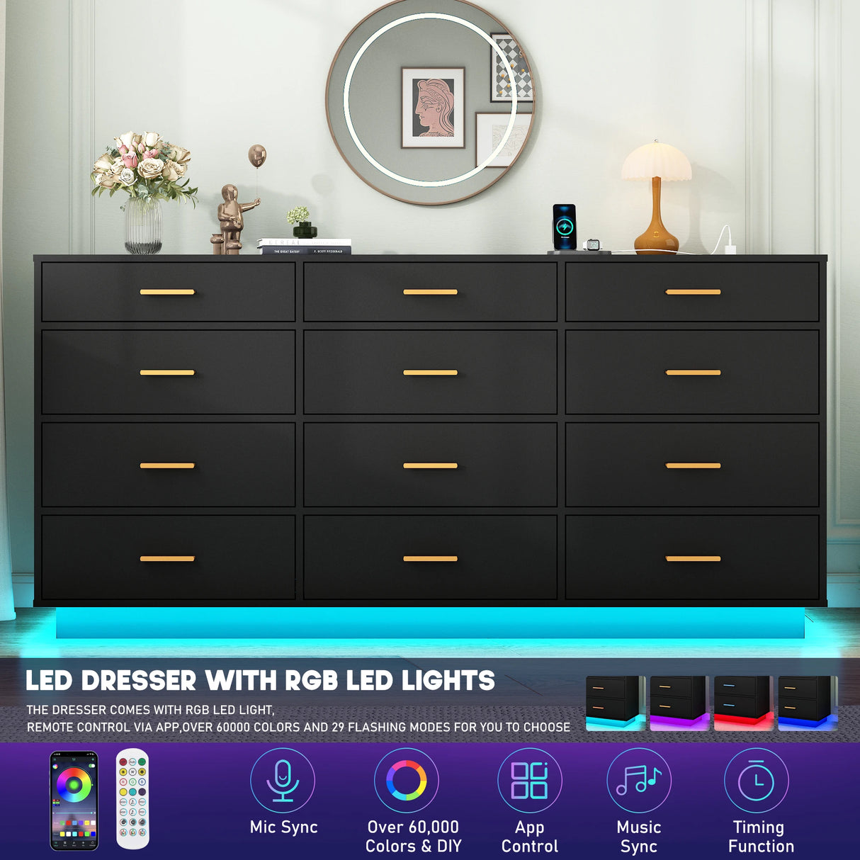 Modern 12 Drawer Dresser With Built-In Charging Station