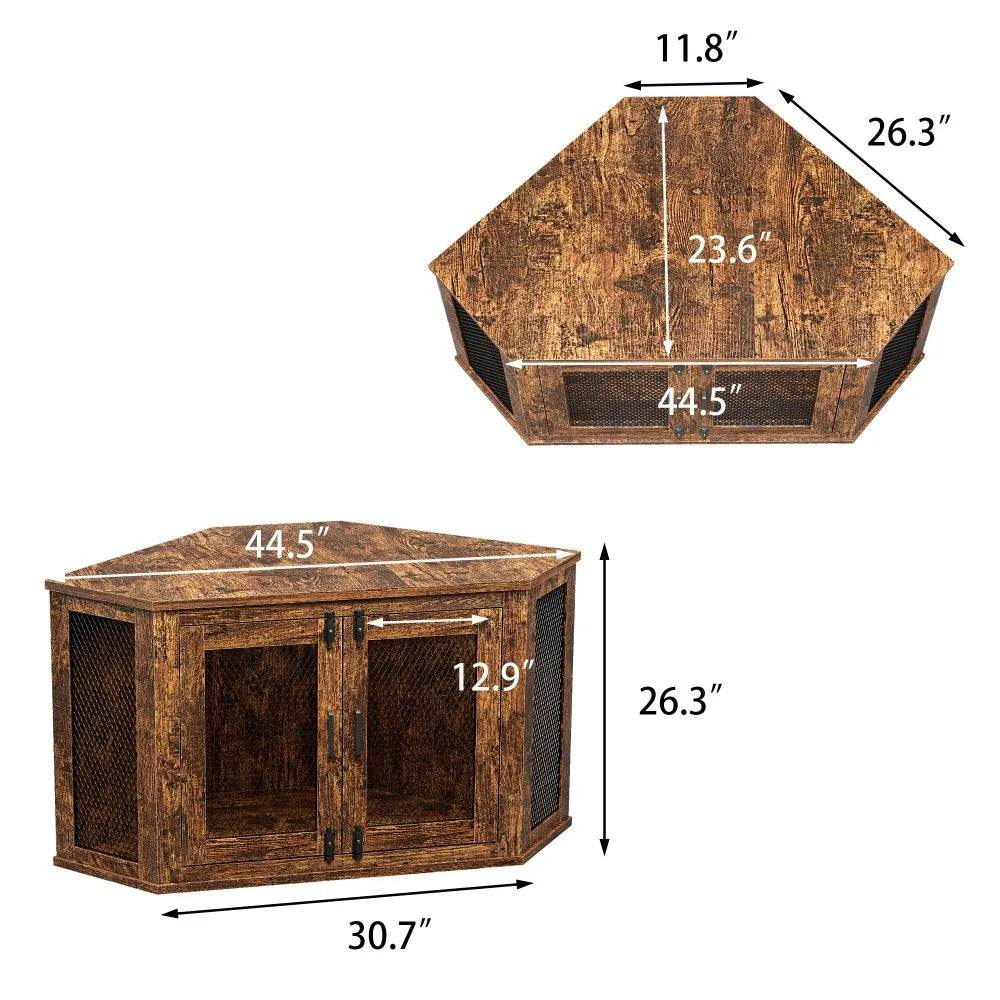 Retro Wooden Space-Saving Corner Pet Dog House - Omega Lifestyles
