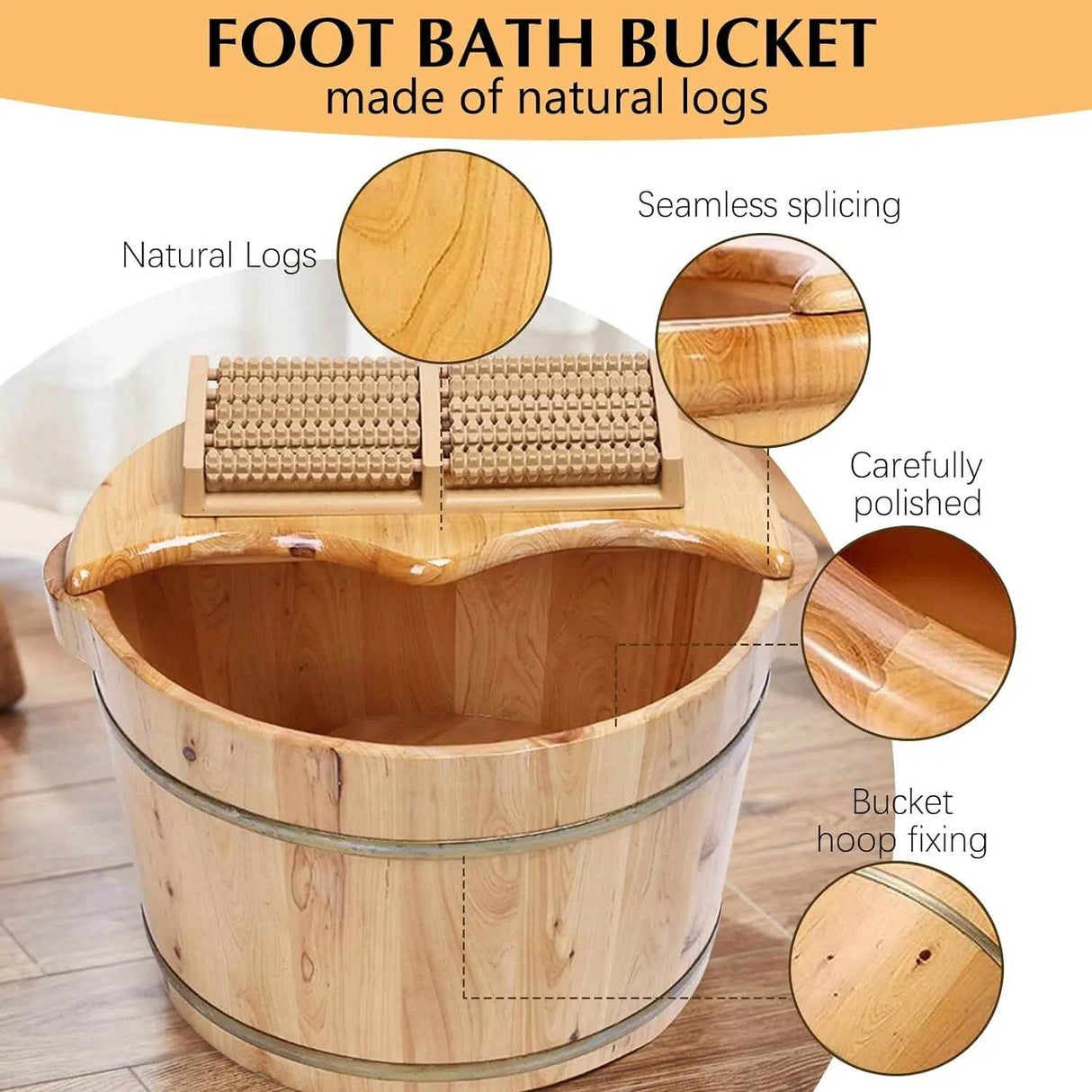 Cedar Wood Foot Bath Bucket With Massage Roller