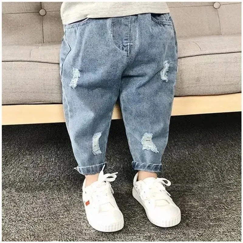 Kids Casual Elastic Waist Denim Ripped Jeans - Omega Lifestyles
