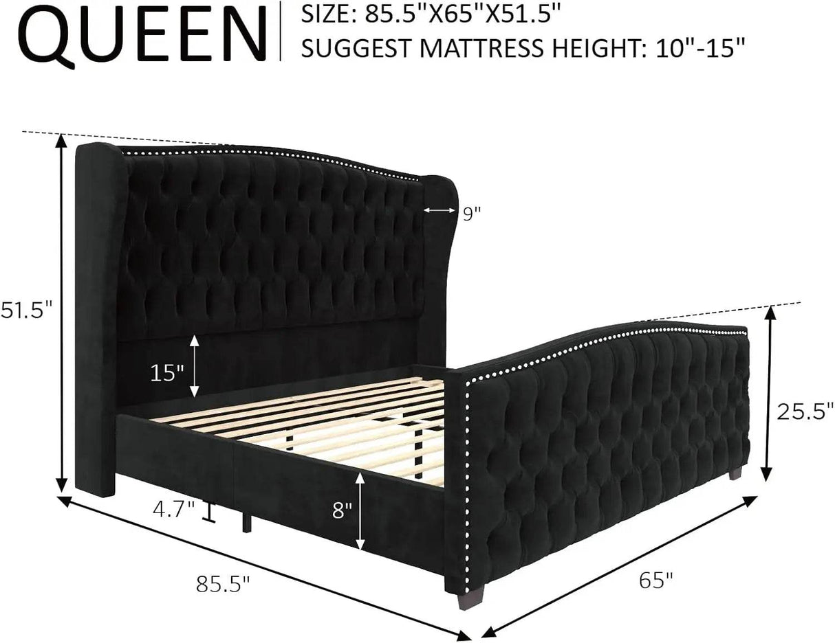 Velvet Upholstered Platform Bed Frame With Wingback Headboard - Omega Lifestyles