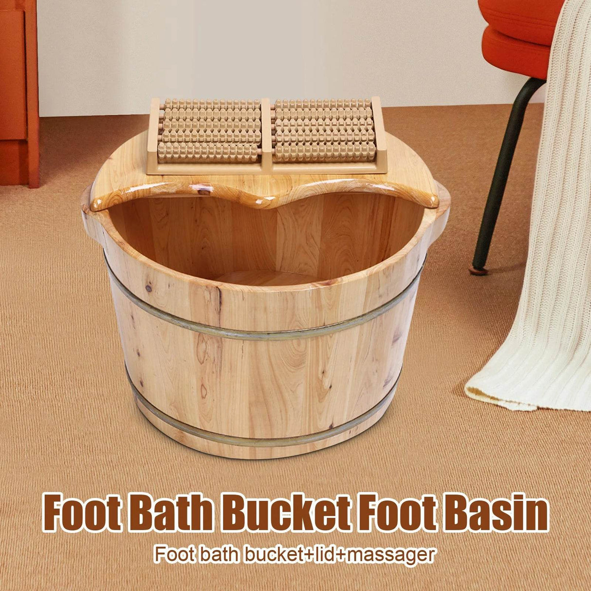 Cedar Wood Foot Bath Bucket With Massage Roller