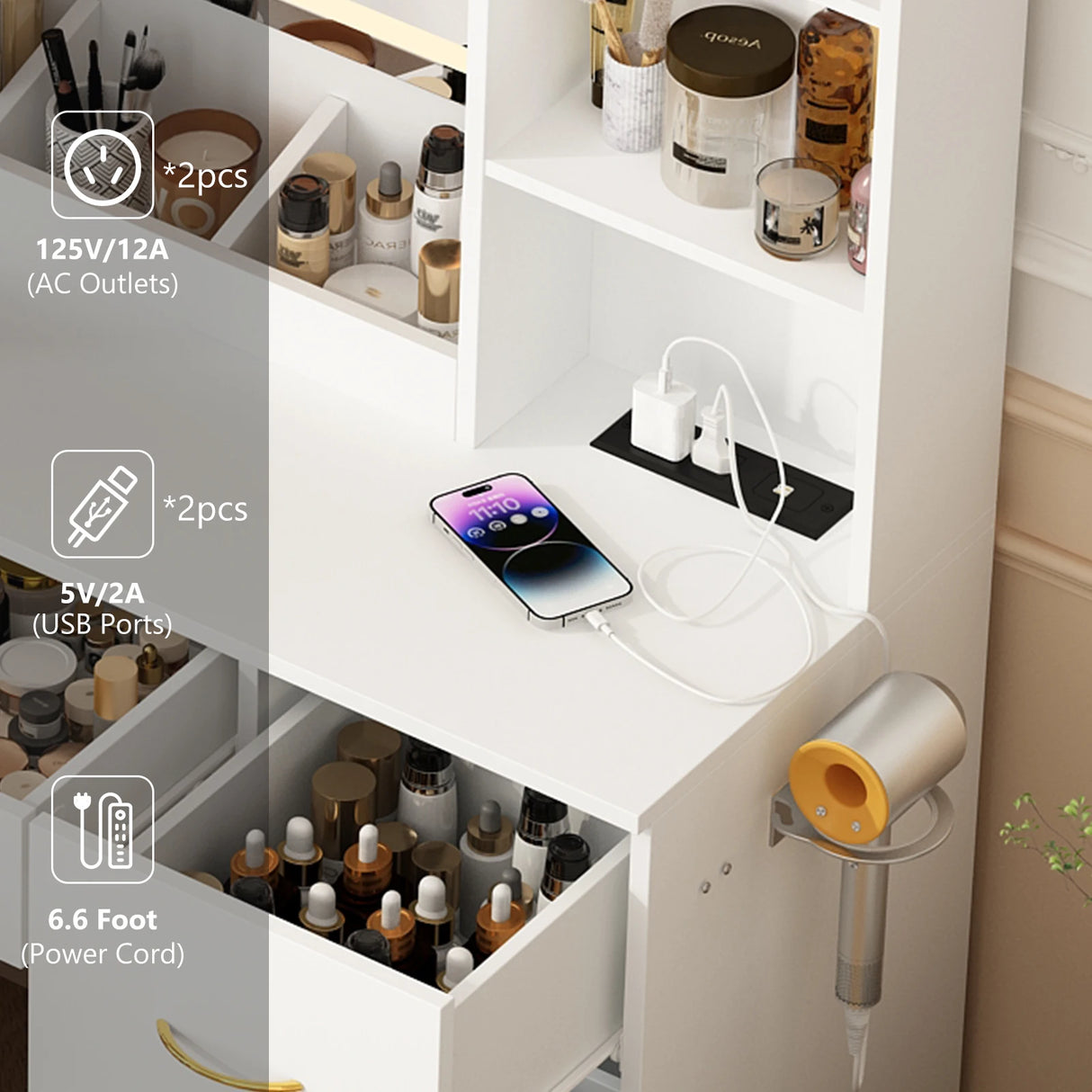 Modern Large Wooden Vanity Desk With Mirror Lights Stool