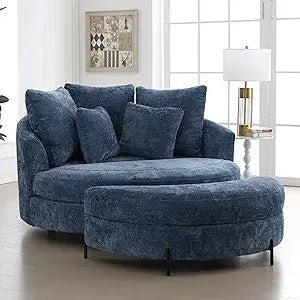 Oversized Round Barrel Chenille Fabric Accent Chair With Ottoman - Omega Lifestyles