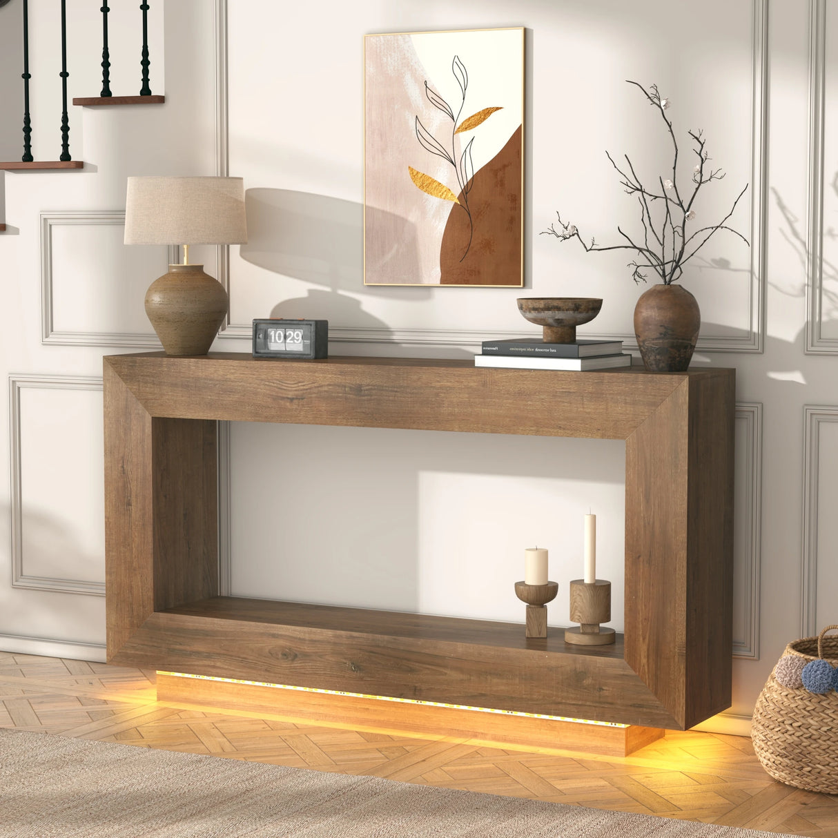 Wooden Farmhouse Console Table With 6000-Color Lighting