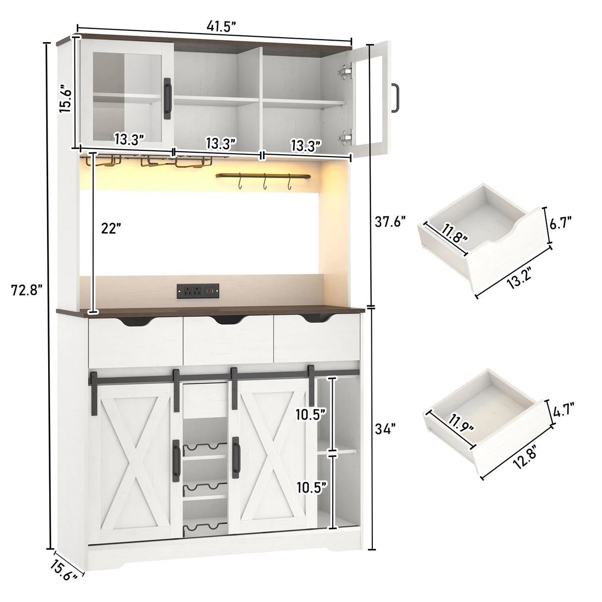 Farmhouse Wood Sliding Door Coffee Bar Cabinet With LED Lights