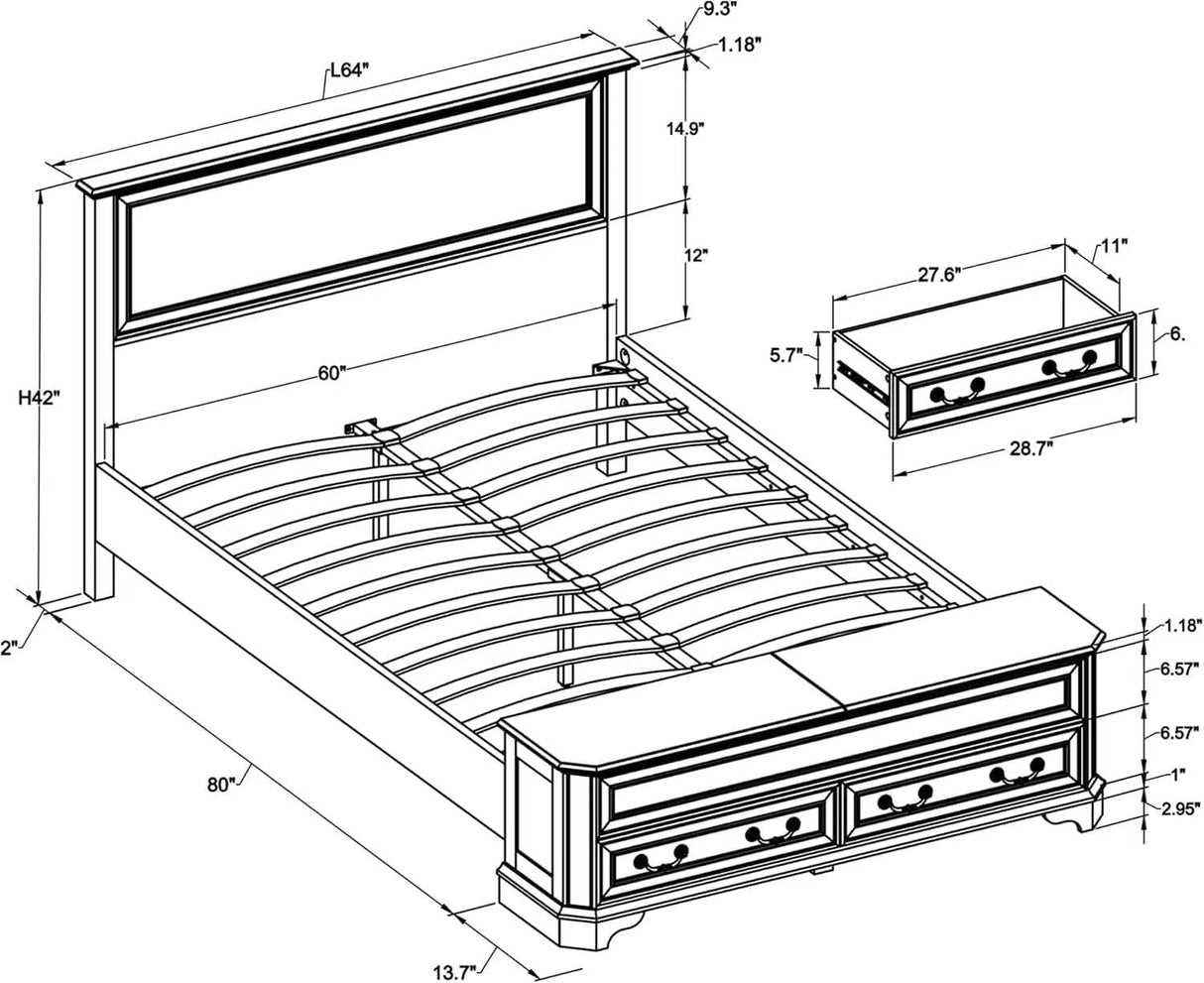 Antique Wood Platform Bed Frame with Storage Bench - Omega Lifestyles