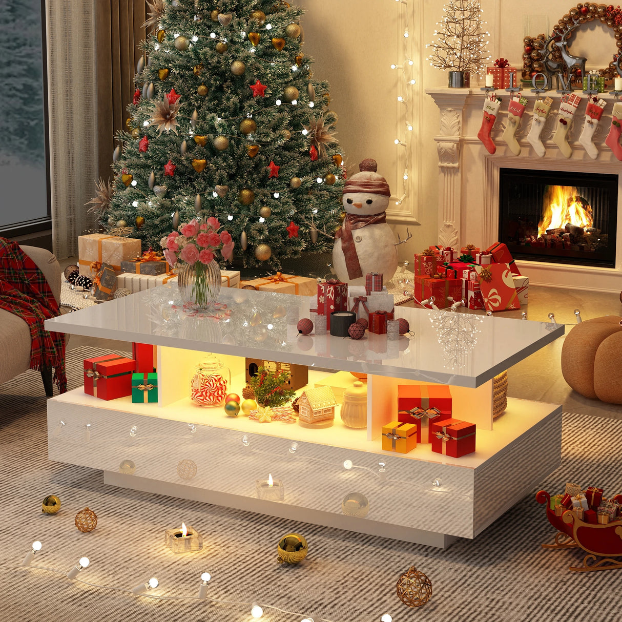 43-Inch Modern LED High Gloss Coffee Table With Storage Drawers