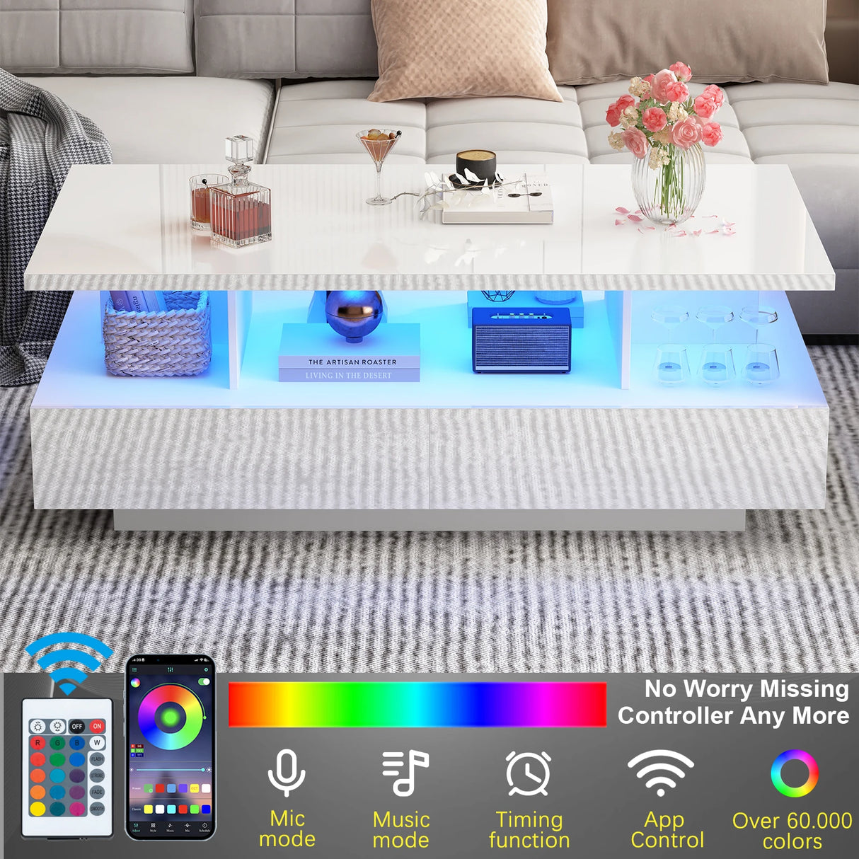 43-Inch Modern LED High Gloss Coffee Table With Storage Drawers