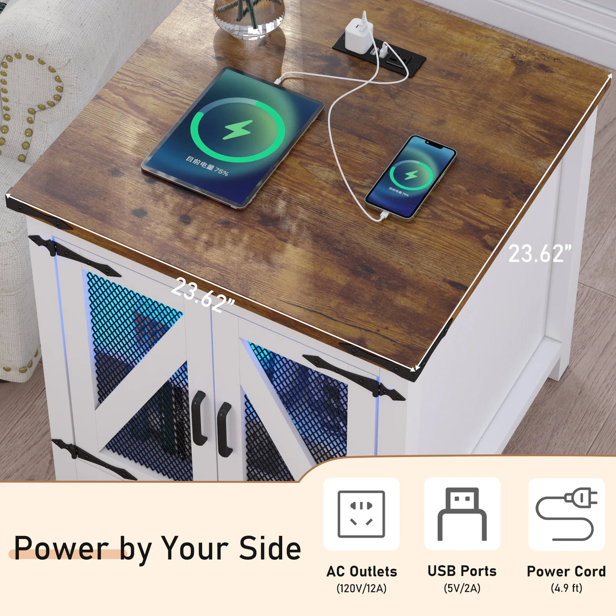 24-Inch Farmhouse Industrial End Table With Charging Station