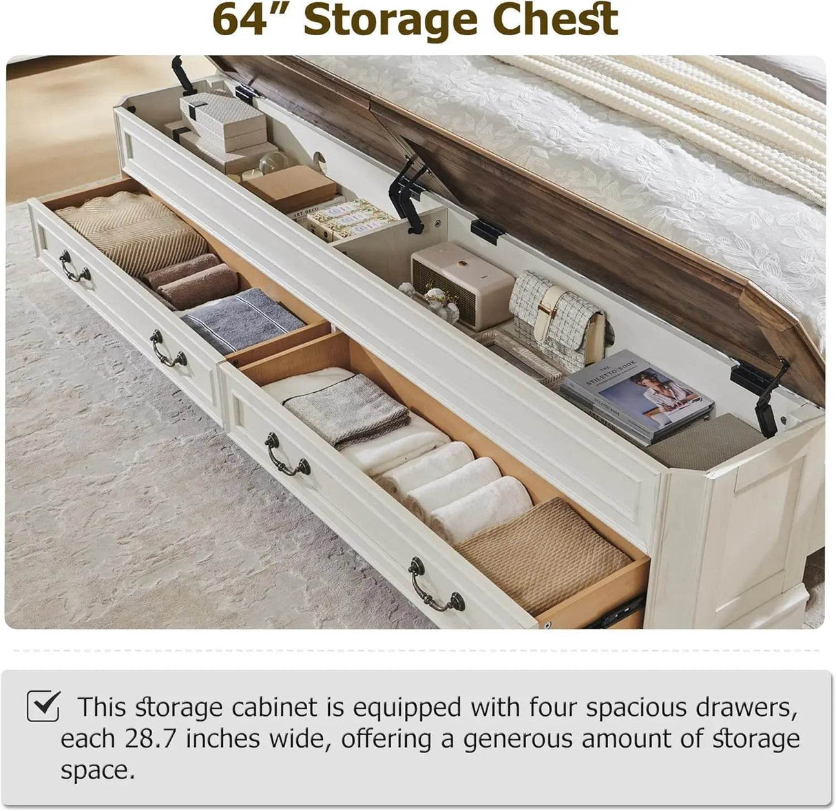 Antique Wood Platform Bed Frame with Storage Bench - Omega Lifestyles