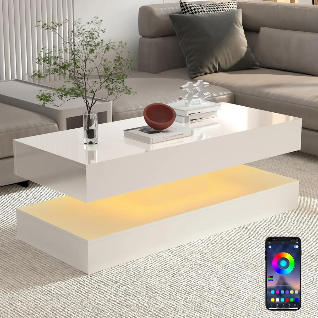 Modern LED High Glossy Wood Coffee Table With Storage