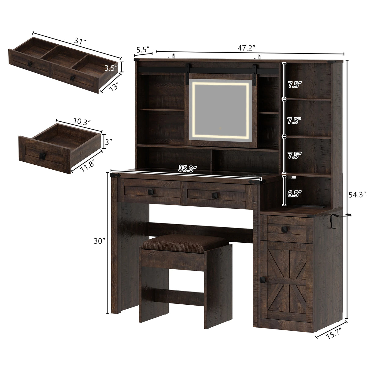 Farmhouse Makeup Vanity Desk With Mirror Lights Stool