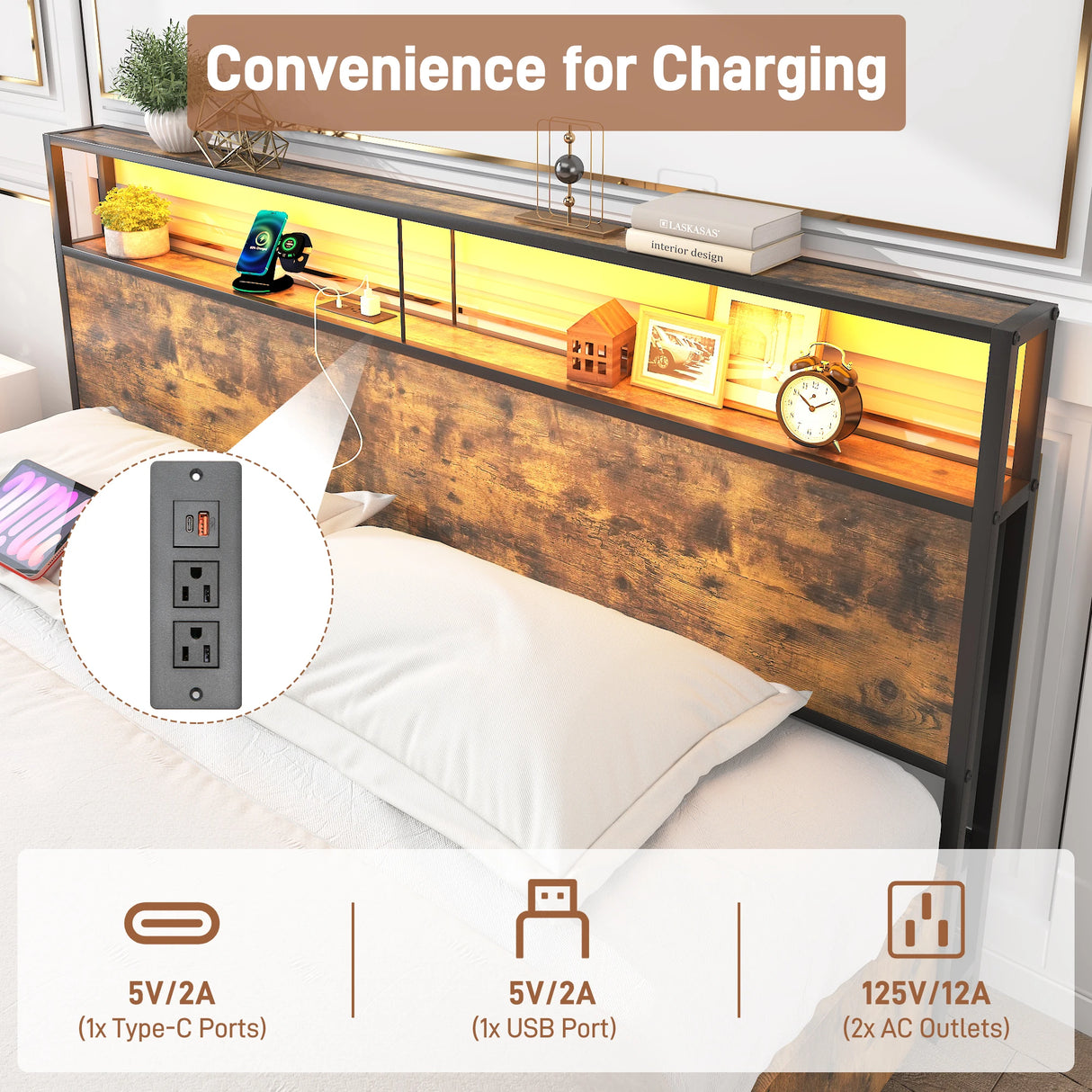 Queen LED Platform Bed Frame With Storage Drawers and USB Charging