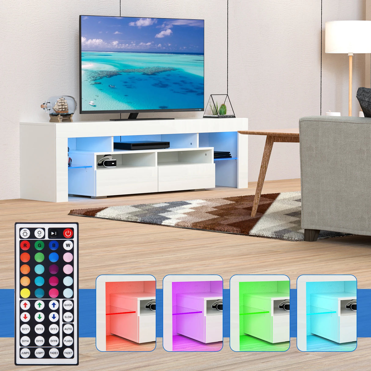 Modern 63-Inch Wooden TV Stand With RGB LED Lights
