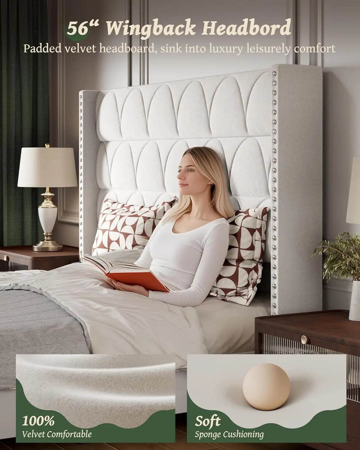 Velvet Upholstered Wingback Platform Bed Frame - Omega Lifestyles