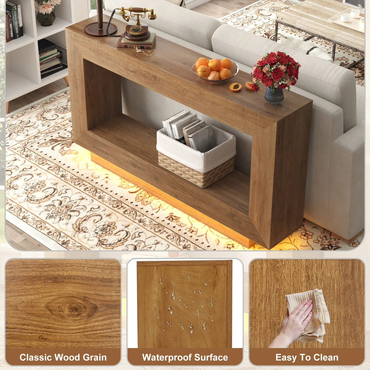 Wooden Farmhouse Console Table With 6000-Color Lighting